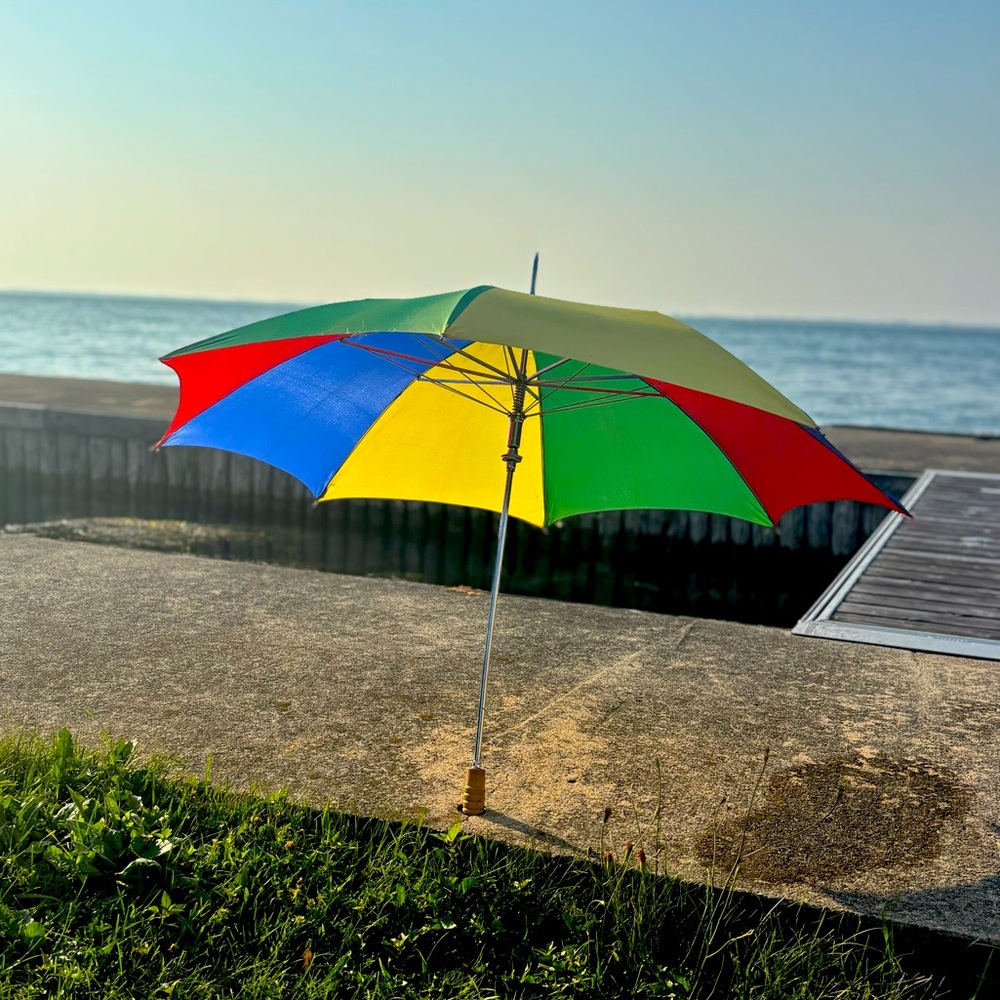 Vintage 1980s Rainbow Umbrella w/ Wood Handle – Rare Pride Colors - Picture 1 of 6